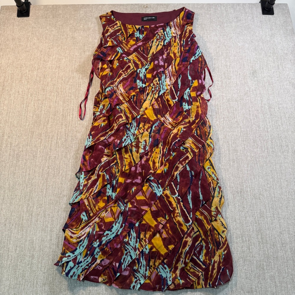 Jones New York Dress Womens 6 Multi Color Abstract Tiered Ruffle Sheath Lined